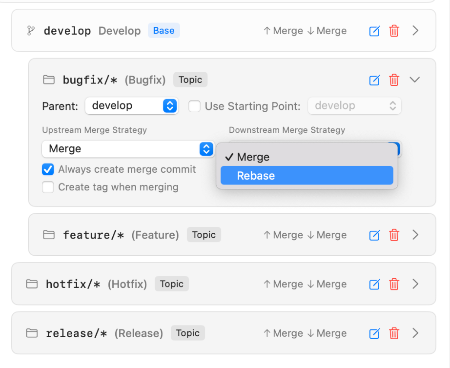 Tower Workflows – Choosing the Downstream Merge Strategy for Gitflow