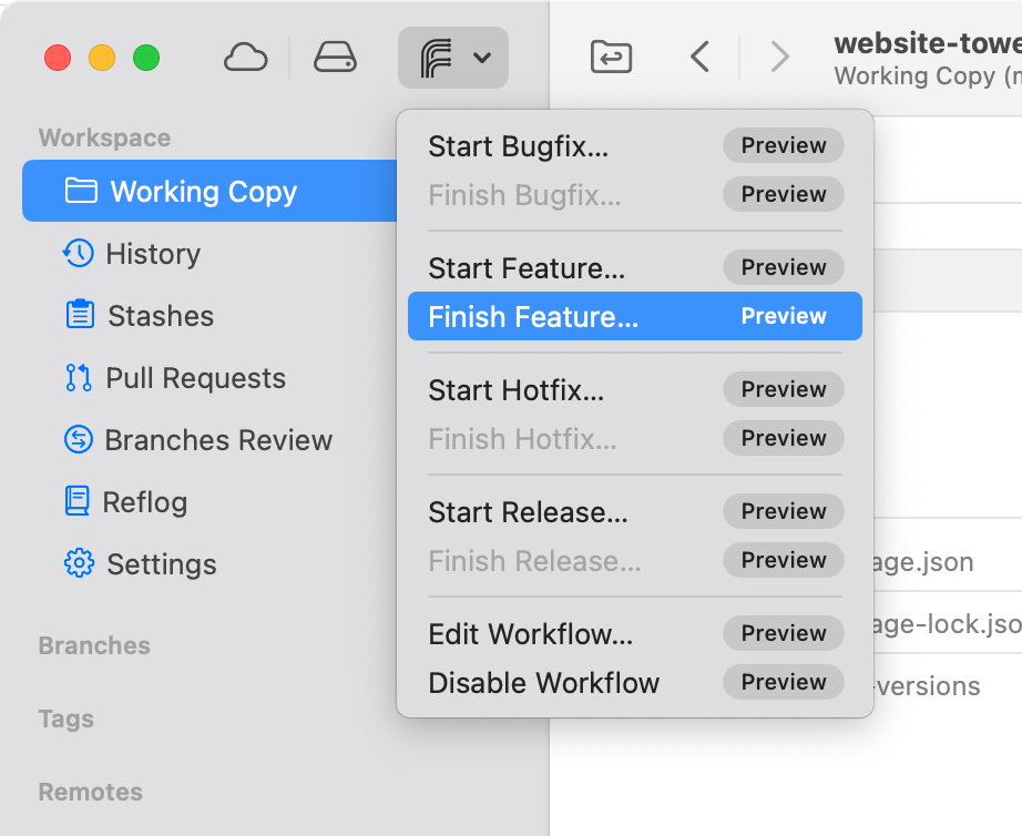 Tower Workflows - Finish a Gitflow Feature
