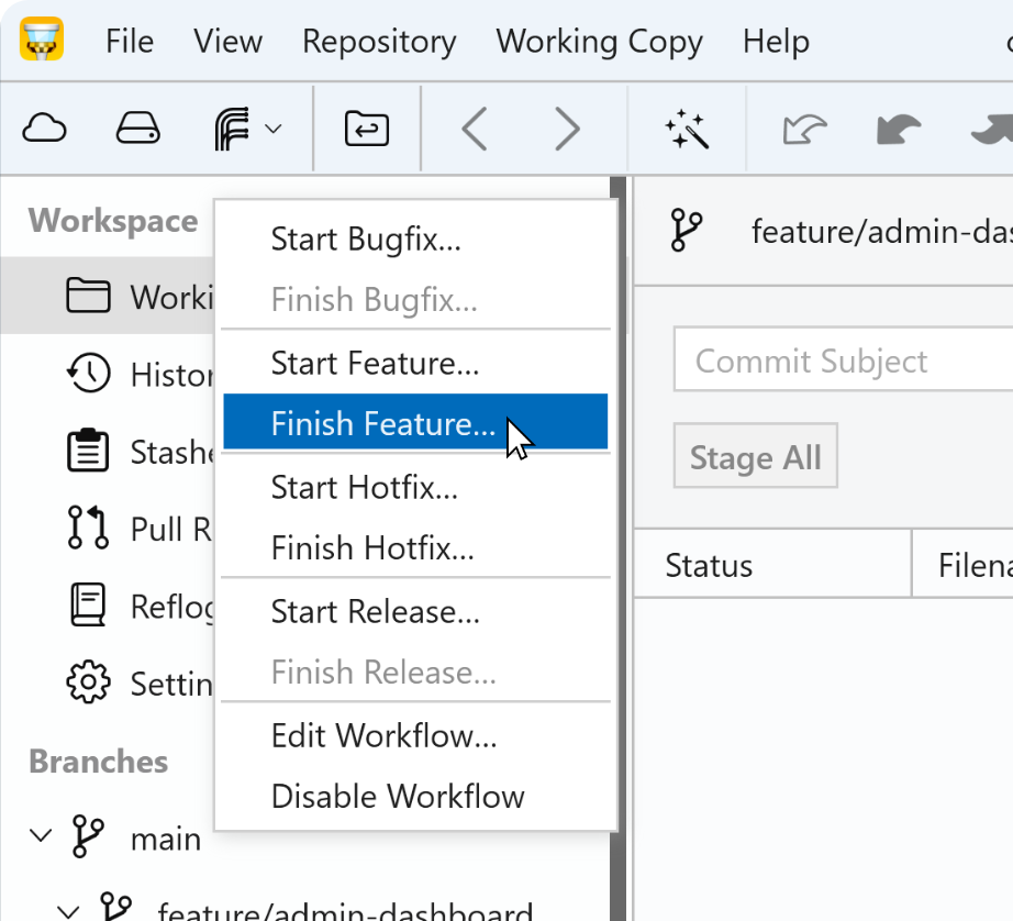 Tower Workflows - Finish a Gitflow Feature