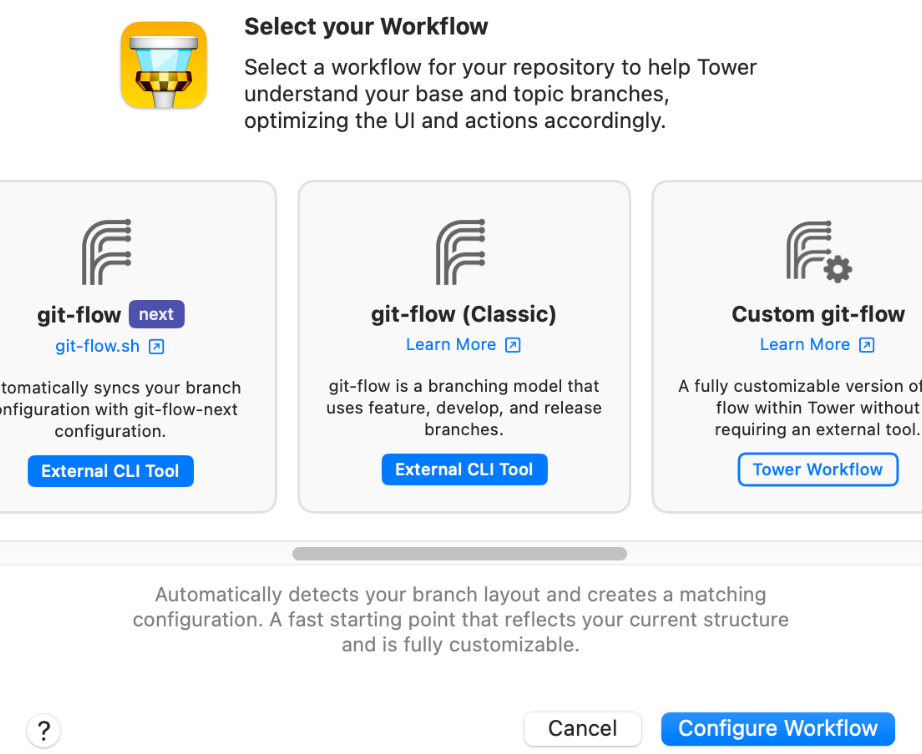 Tower Workflows - Workflow picker with Gitflow options shown