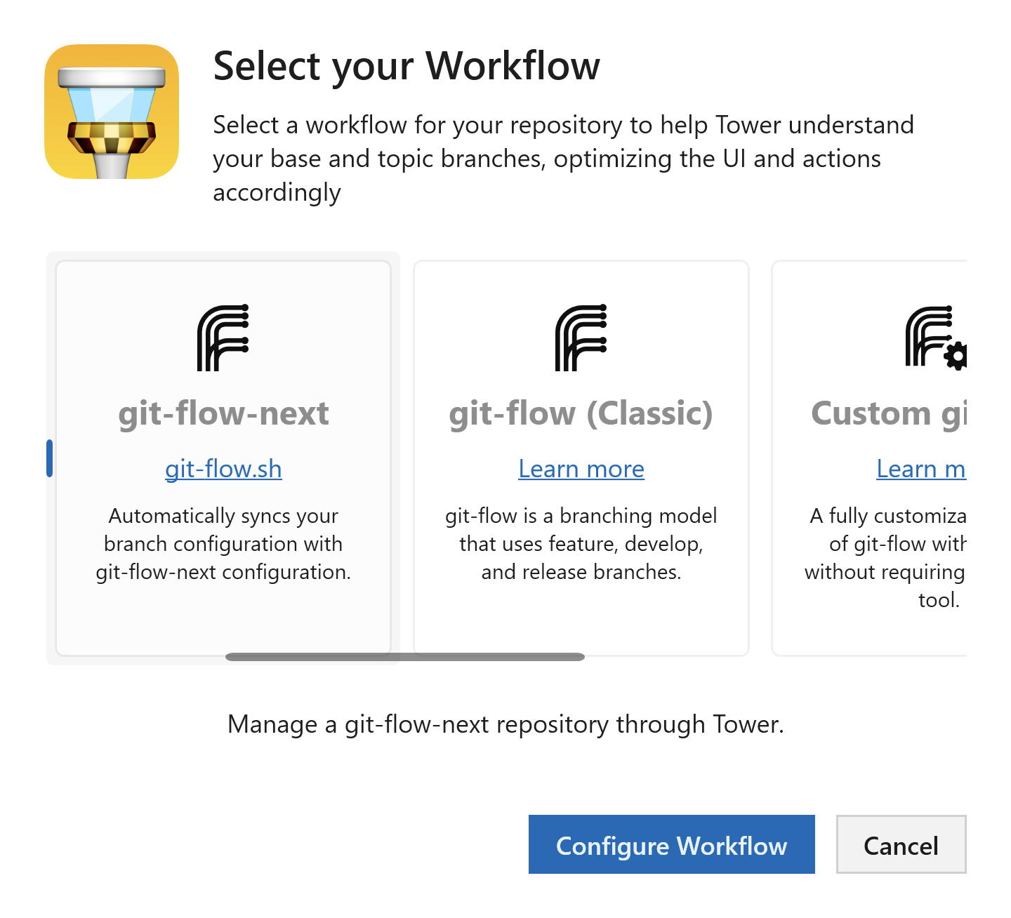 Tower Workflows - Workflow picker with Gitflow options shown