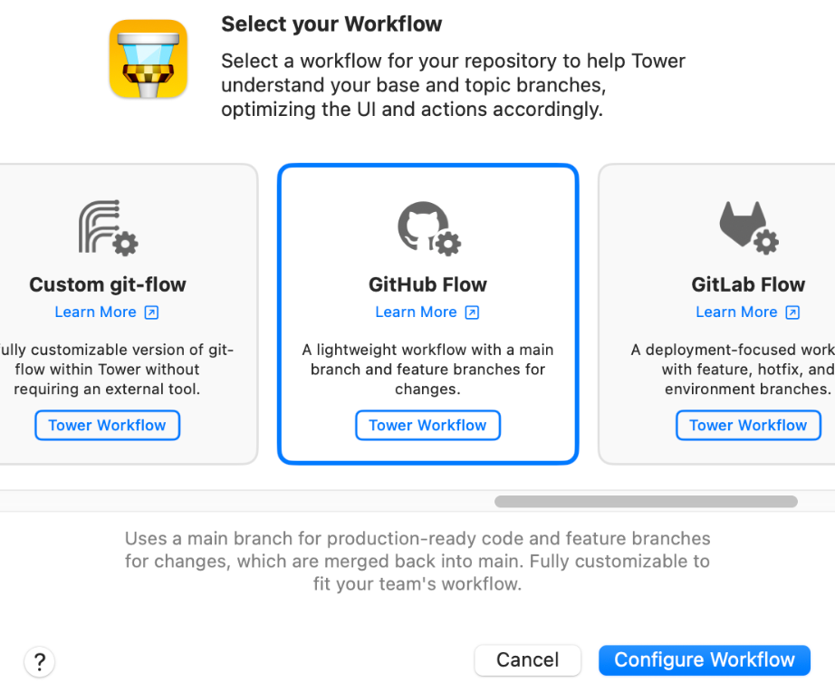 Tower Workflows - Workflow picker with GitHub Flow highlighted
