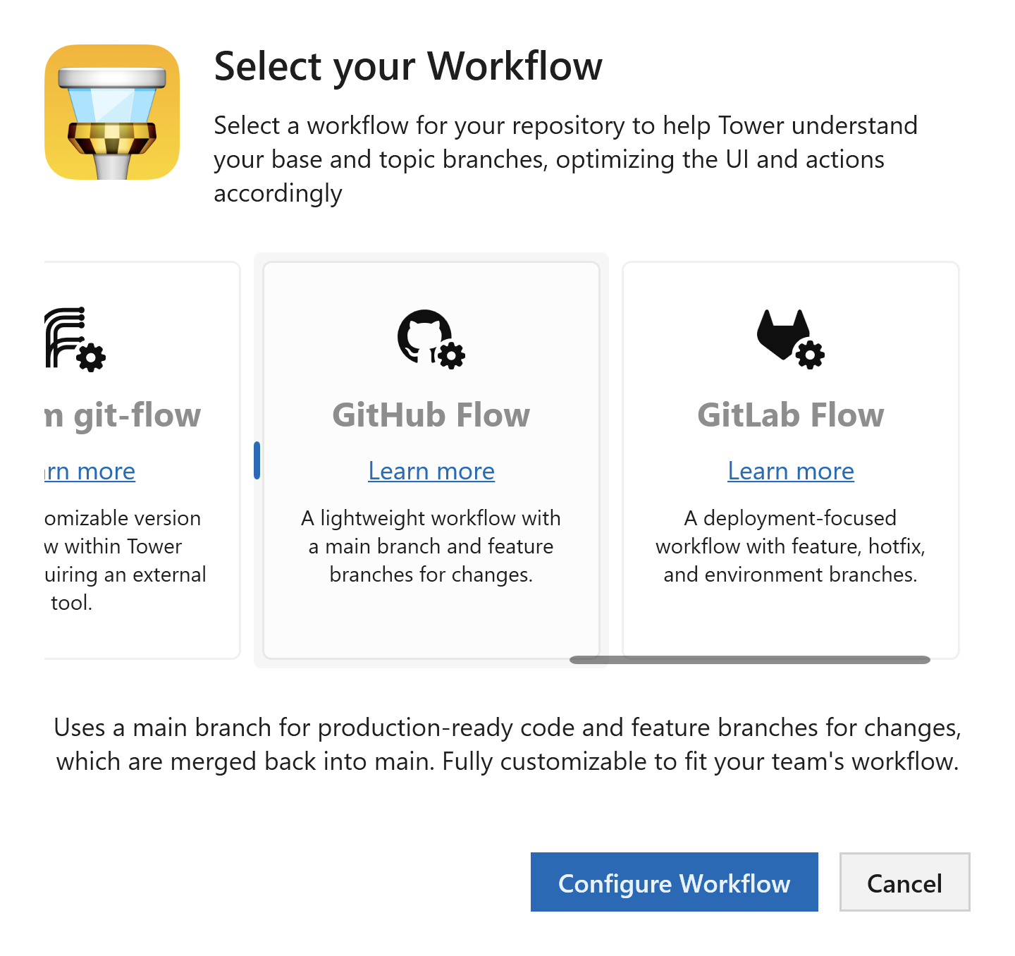 Tower Workflows - Workflow picker with GitHub Flow highlighted