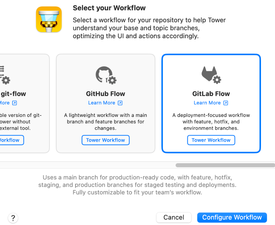Tower Workflows - Workflow picker with GitLab Flow highlighted