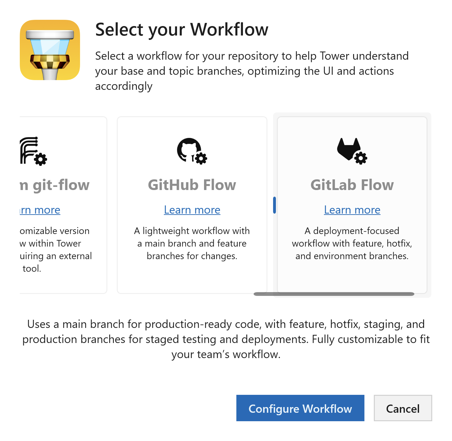 Tower Workflows - Workflow picker with GitLab Flow highlighted