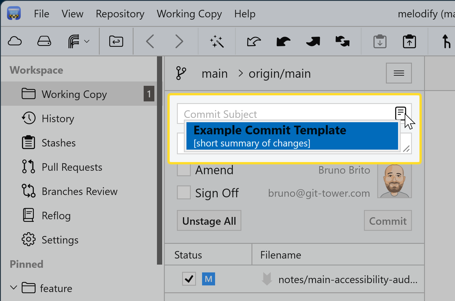 The Commit template button and template list in Tower for Windows' commit composer