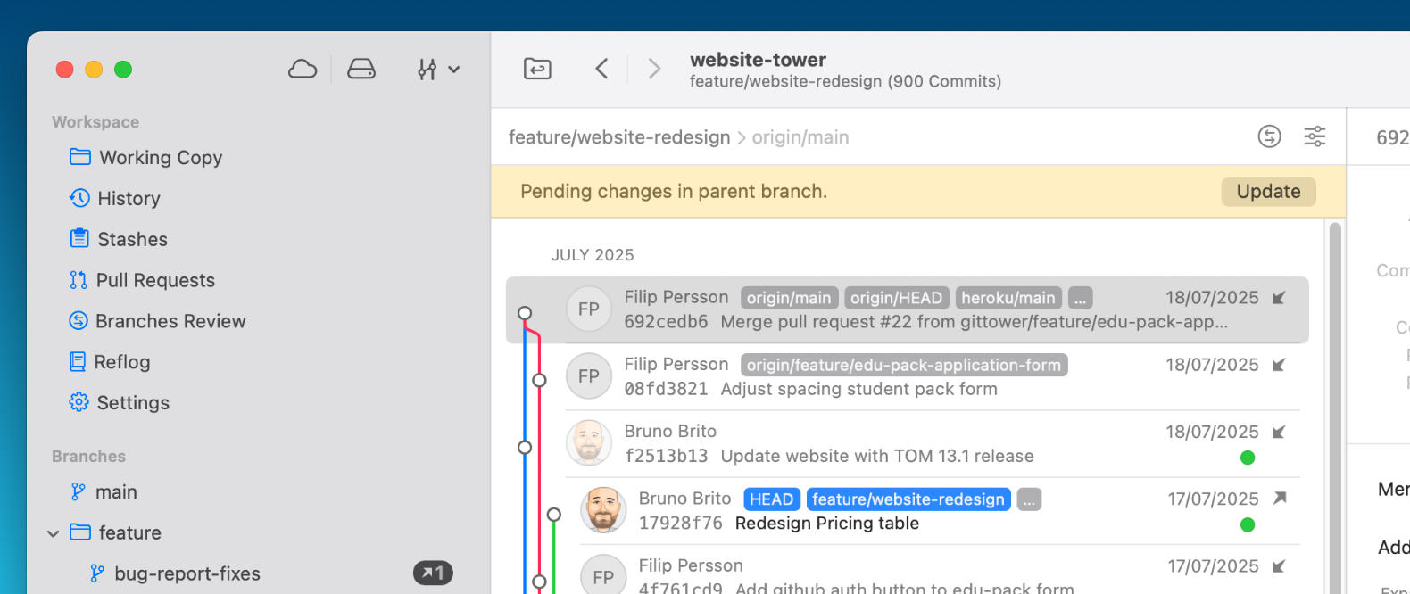 Tower 14 — "Update Branch" Action