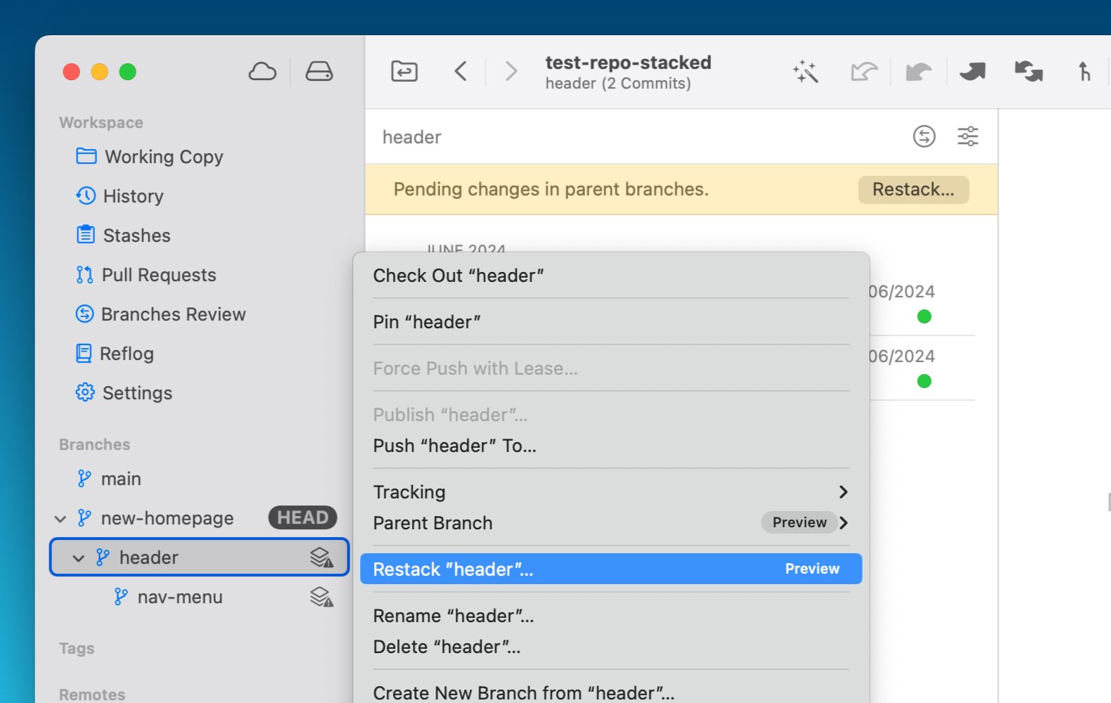 Restacking in Tower for Mac