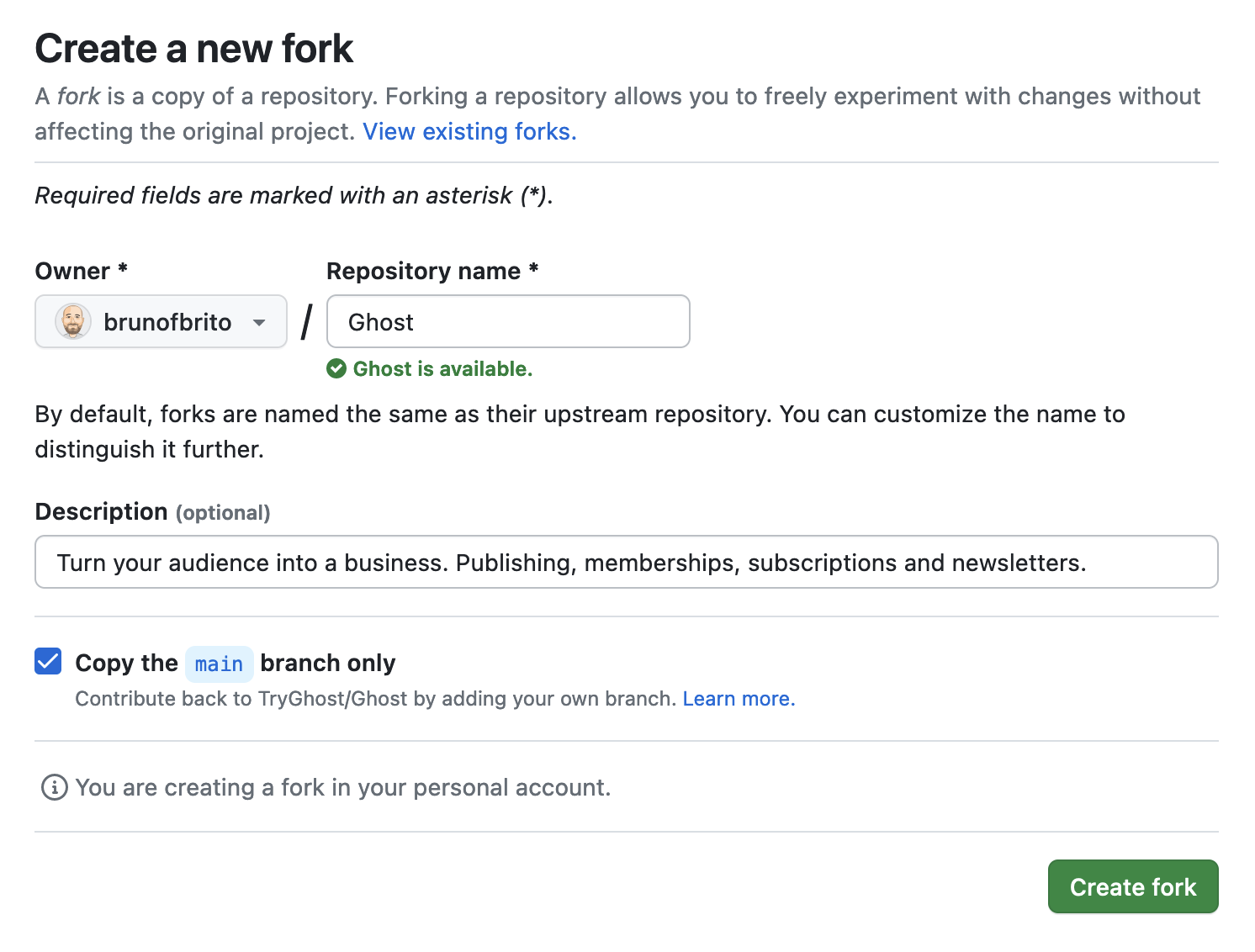 GitHub — Create fork