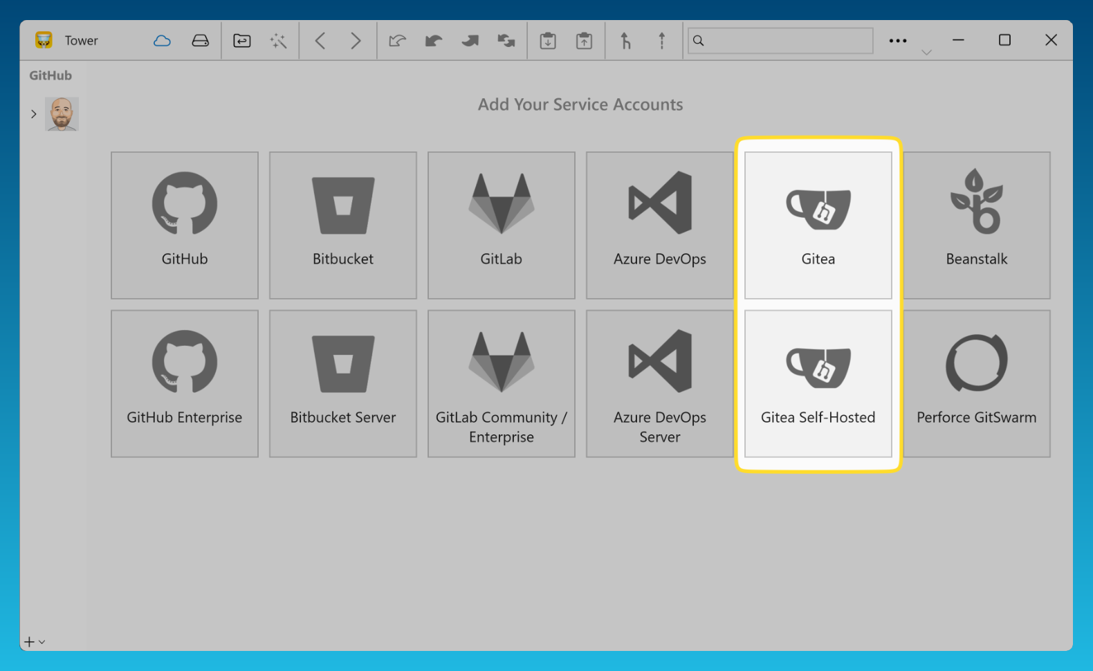 Tower — "Gitea" and "Gitea Self-Hosted" options