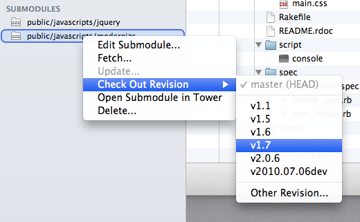 Easily select a revision of a submodule to check out