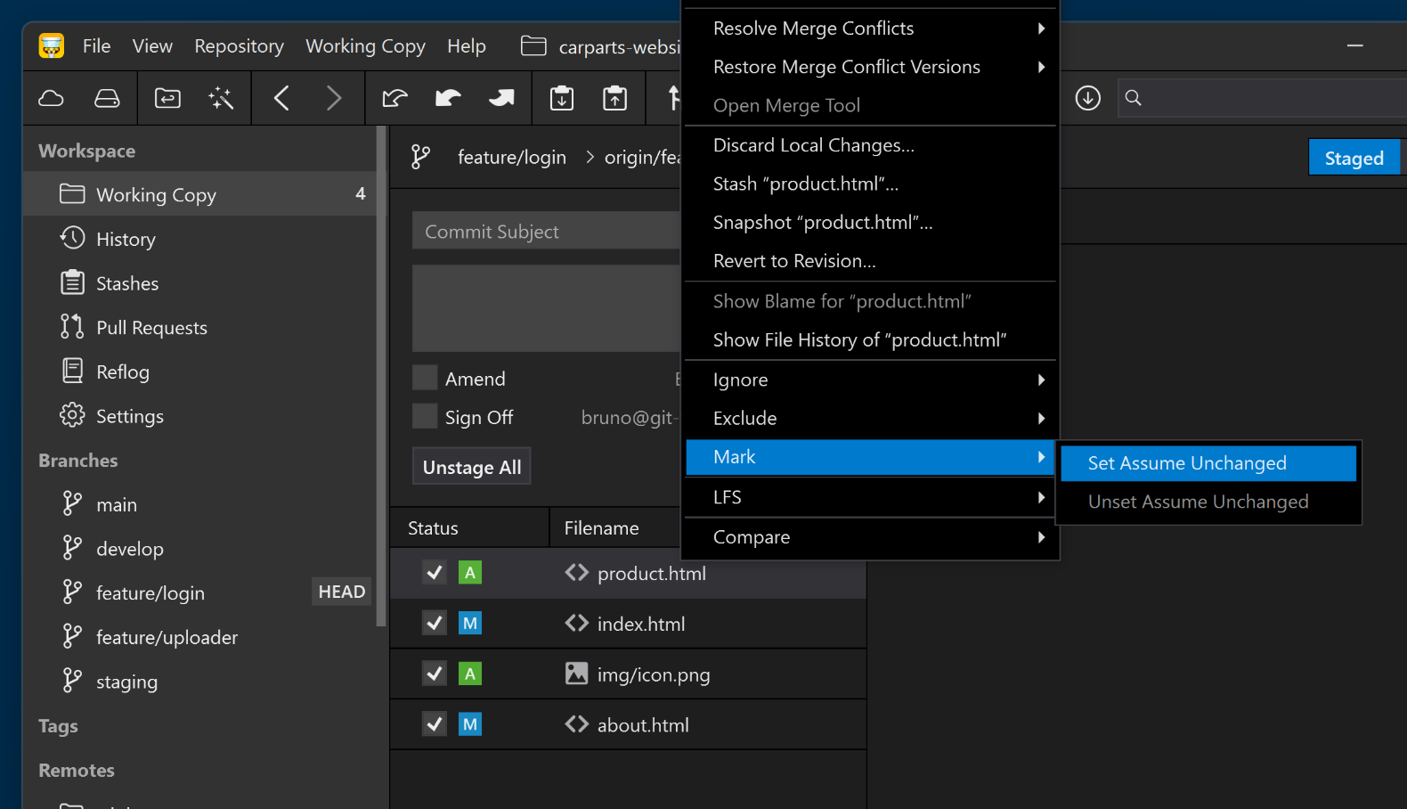 "Set Assume Unchanged" in Tower for Windows