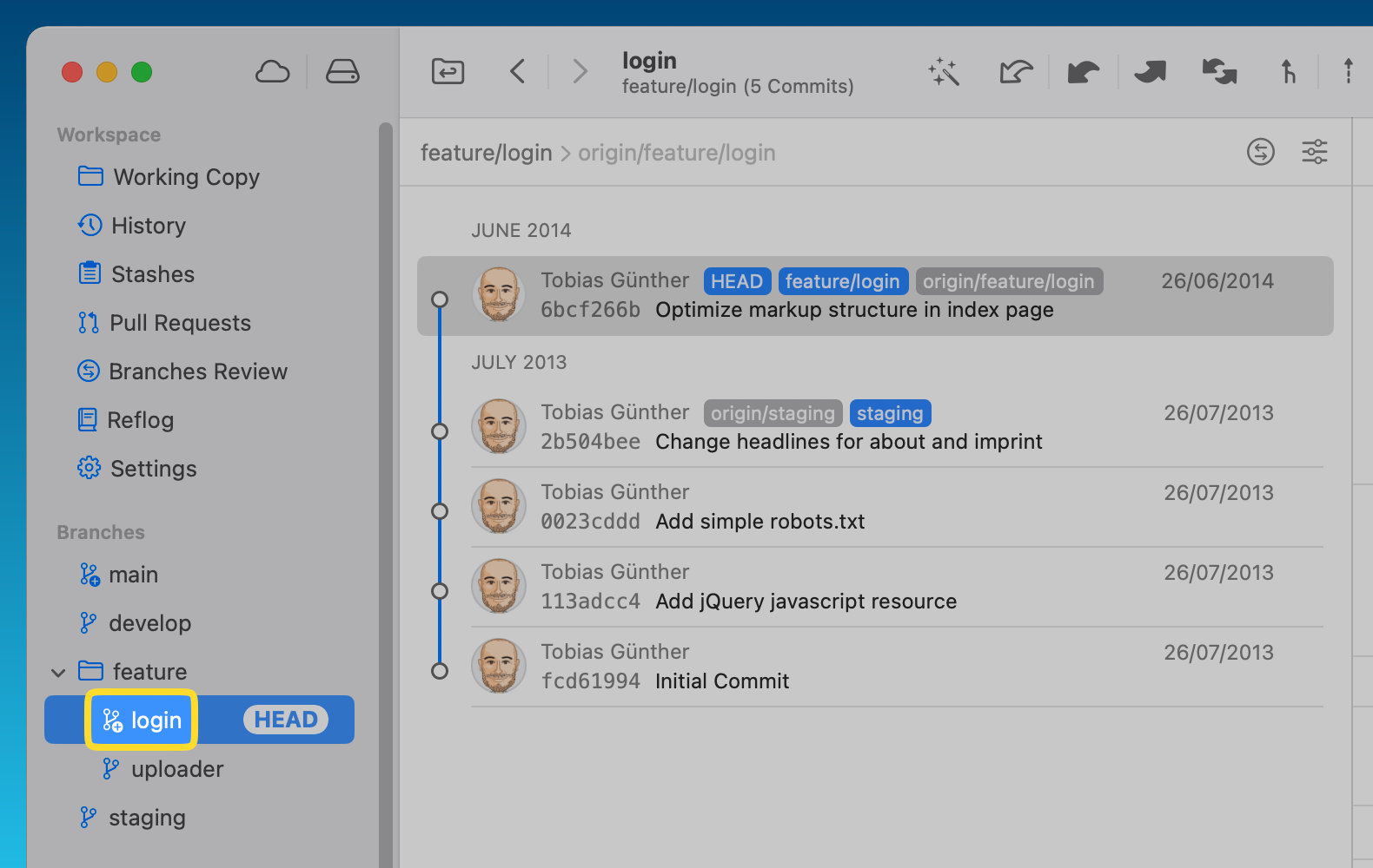 Tower 12.5 – Worktrees in the "Branches" section