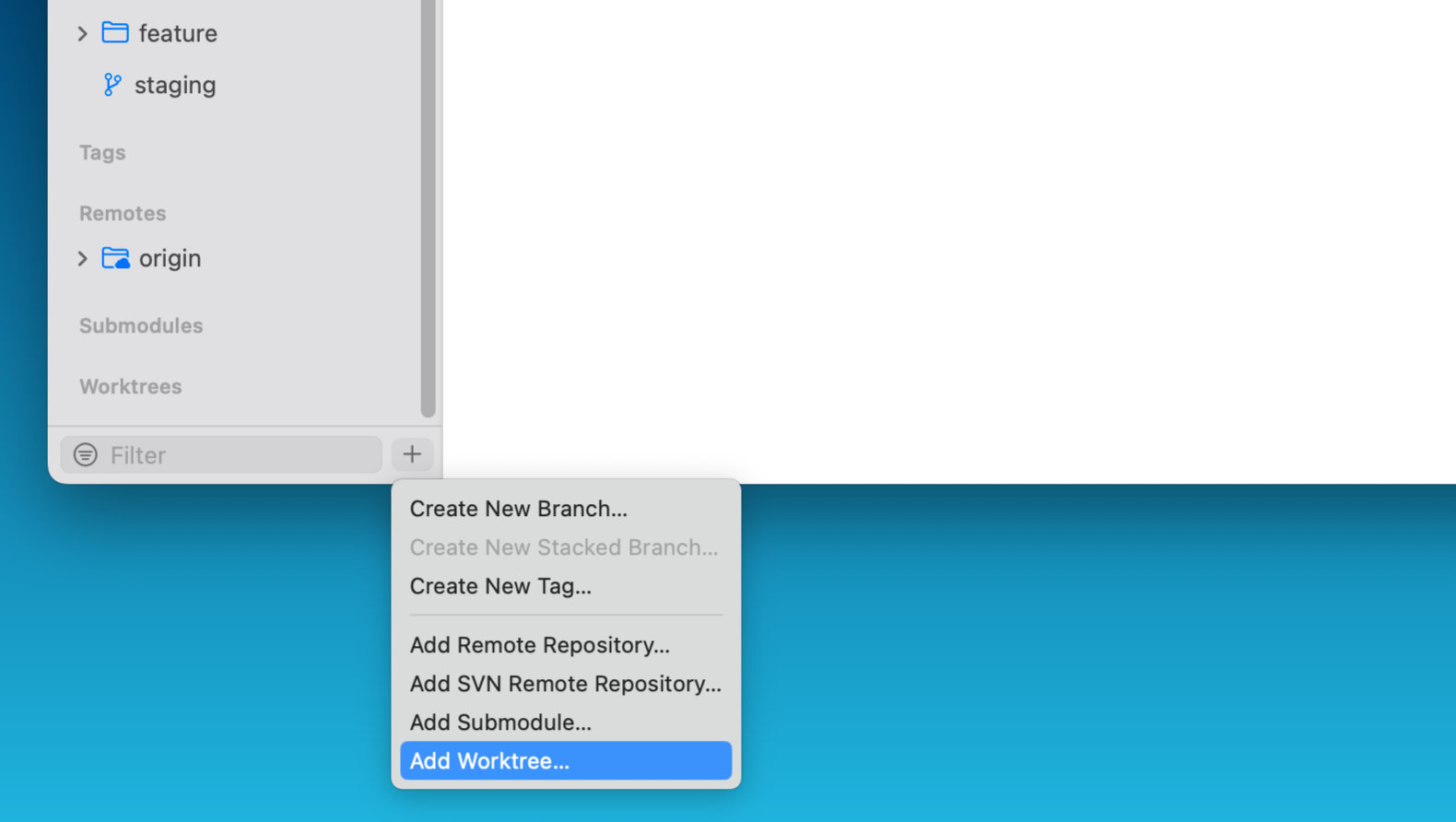 Tower 12.5 – Creating a New Worktree by clicking the "+" button