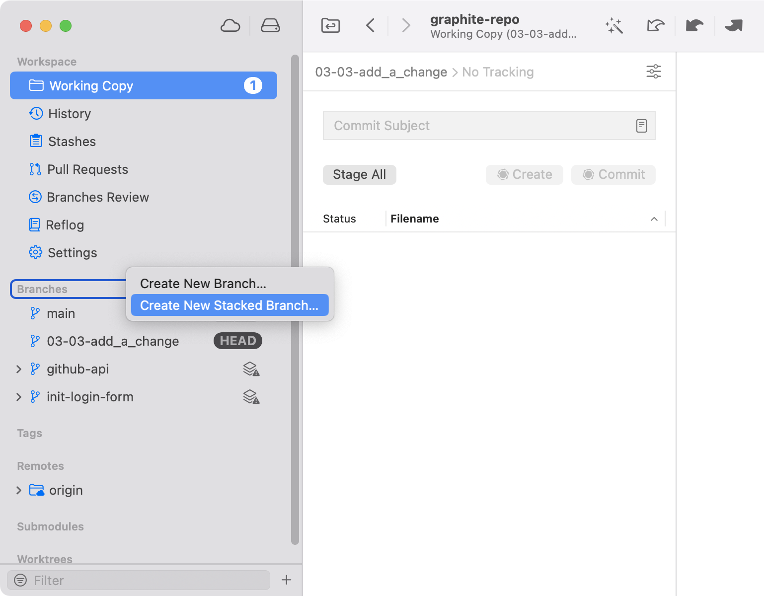 Tower 13 — Create New Stacked Branch