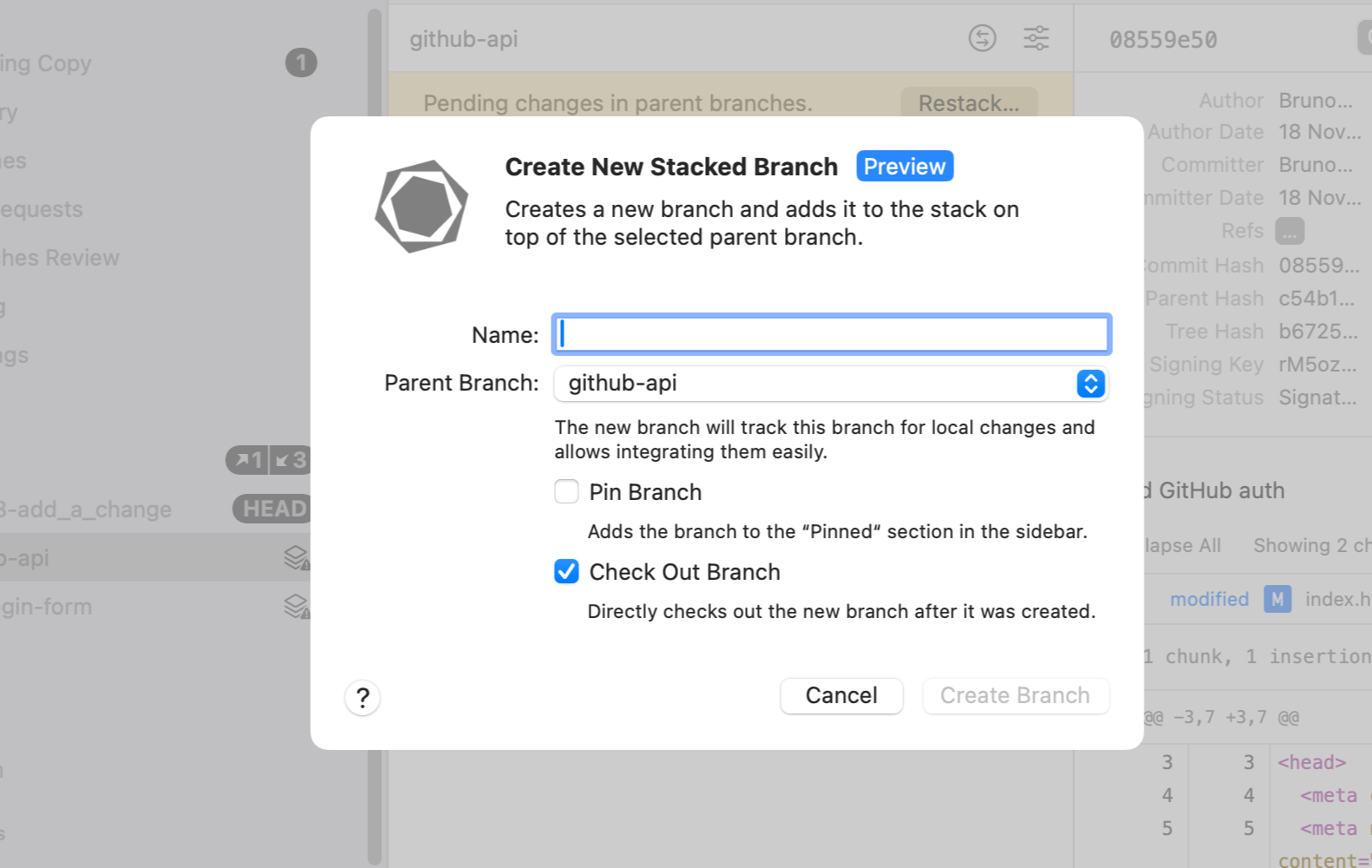 Tower 13 — Create New Stacked Branch Dialog