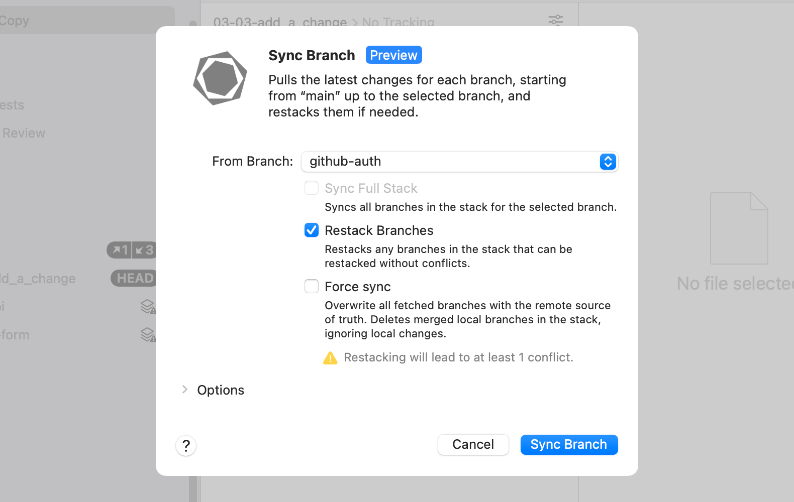 Tower 13 — Sync Branch Dialog
