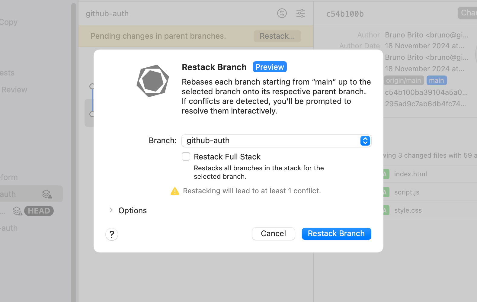 Tower 13 — Restack Branch Dialog