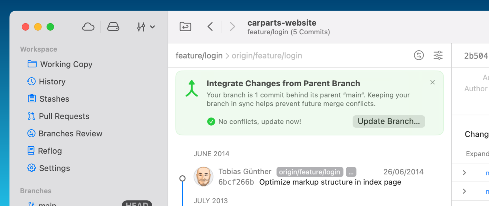 Tower 14 – "Update Branch" notification