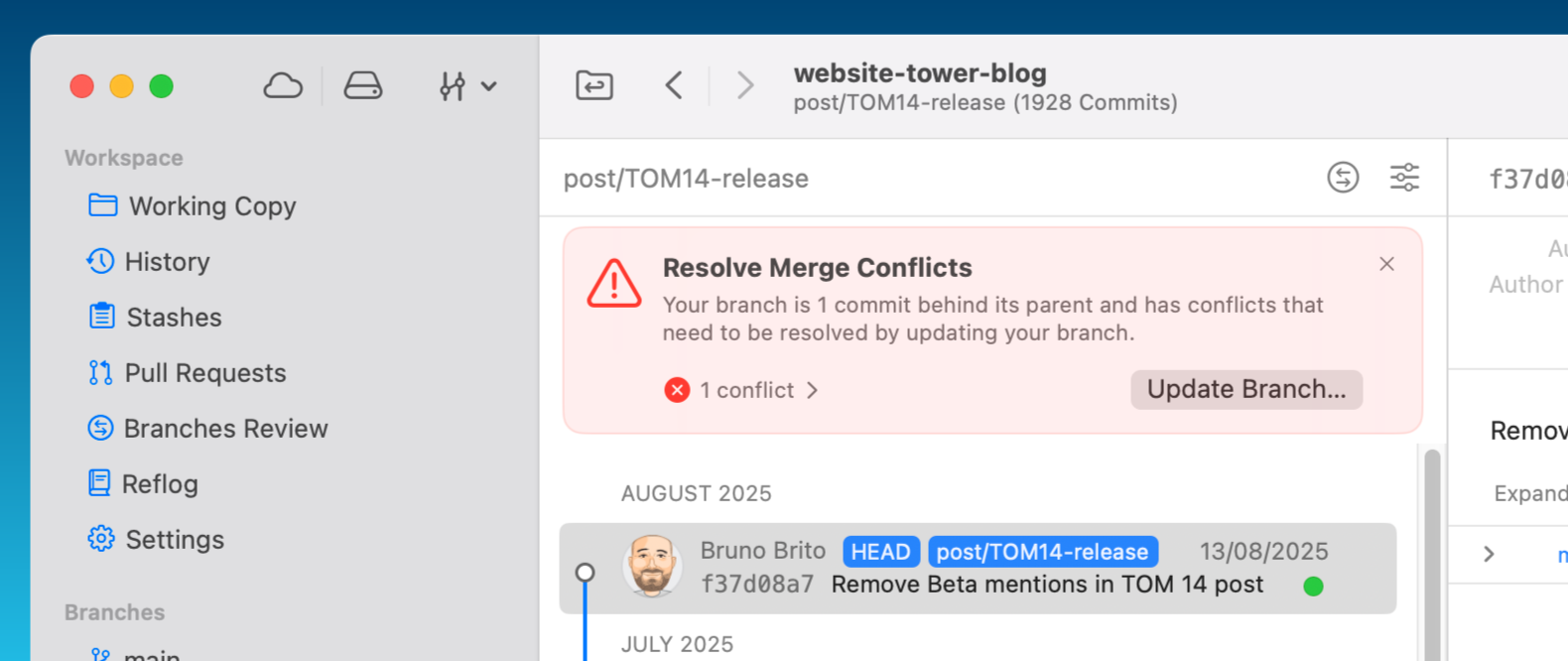 Tower 14 β "Update Branch with Merge Conflicts" notification