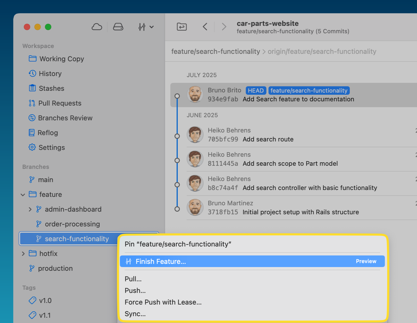 Tower 14 – "Finish Feature" in the Context Menu