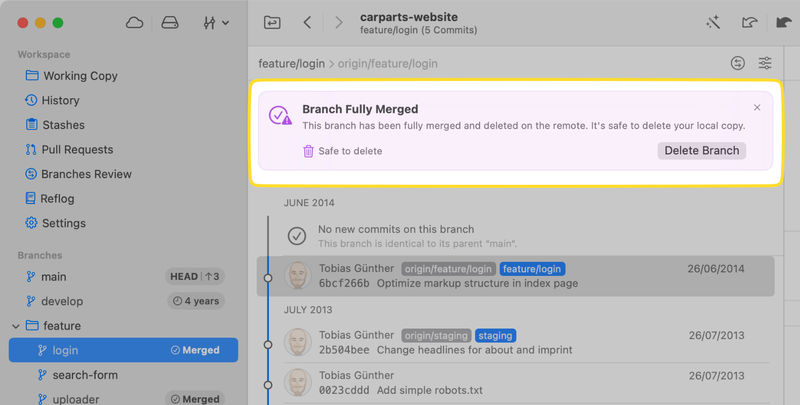 Tower 15 – "Fully Merged" and "Stale" Badges with Hint View