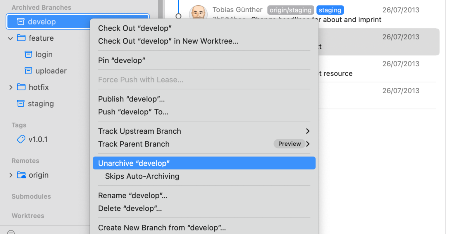 Tower 15 – "Unarchive Branch" option