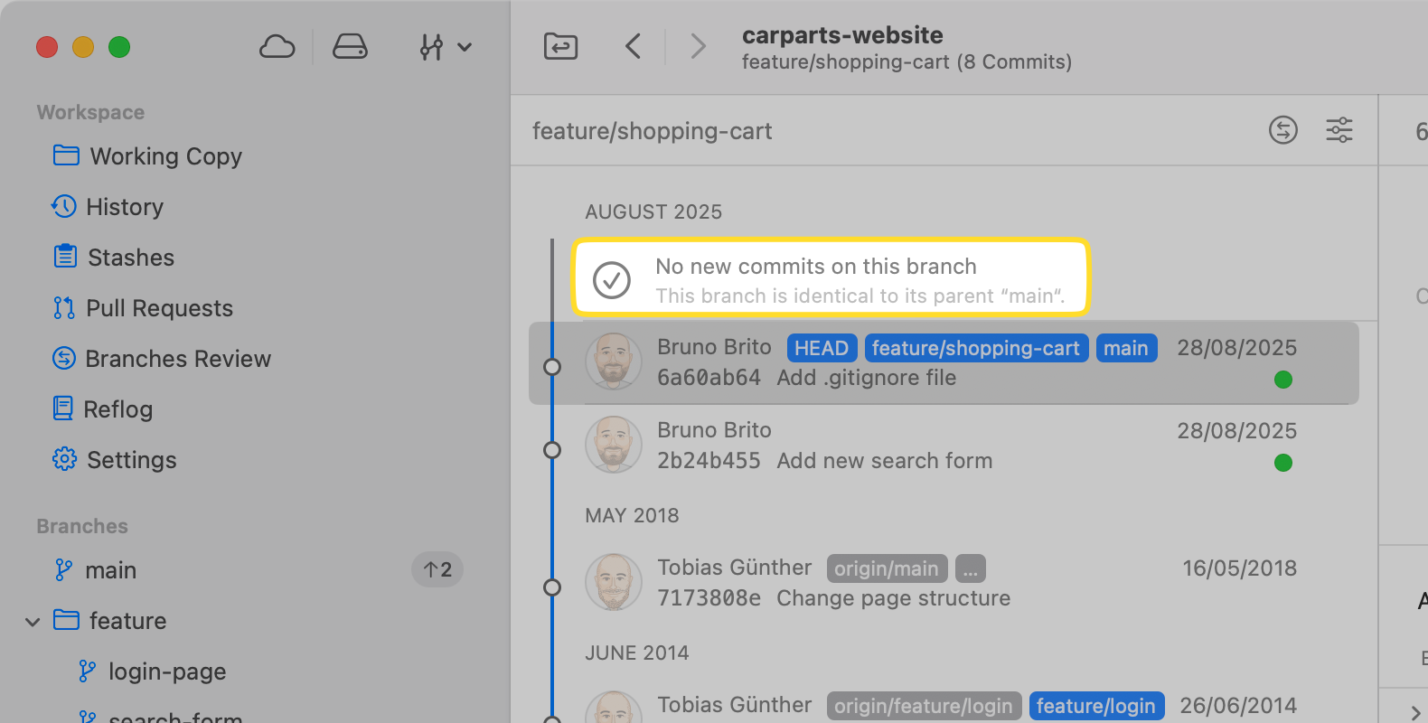 Tower 15 – "No new commits on this branch" message