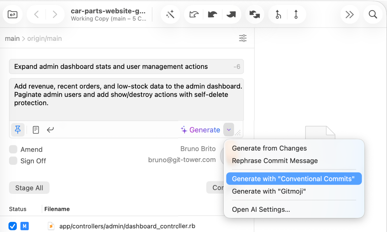Tower 16 for Mac – AI Commits Preset Prompts dropdown