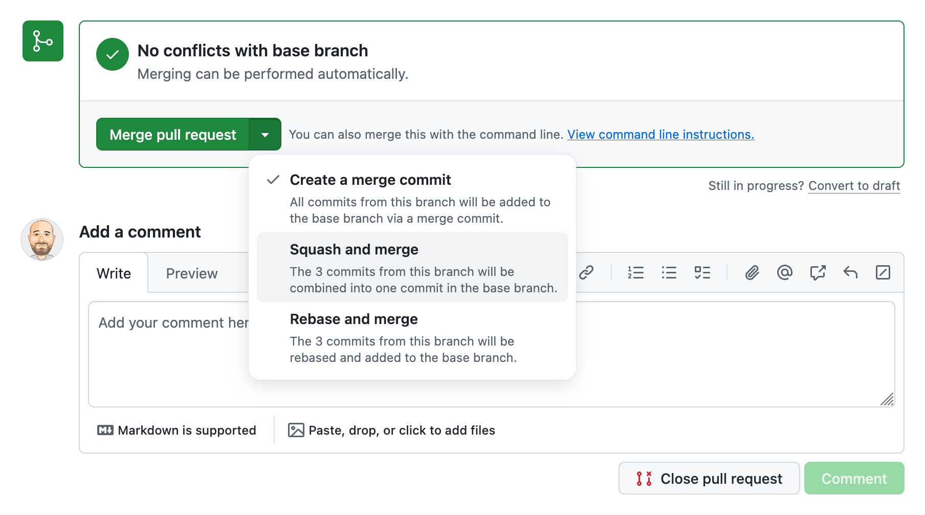 Squash-merging a pull request on GitHub