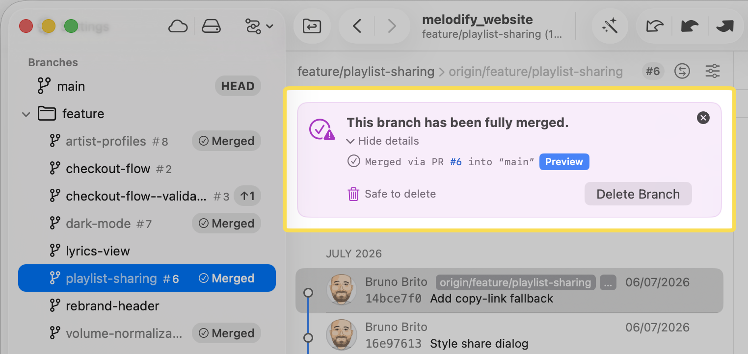 Tower 17 for Mac – A squash-merged branch receives its "Fully Merged" badge thanks to pull request detection
