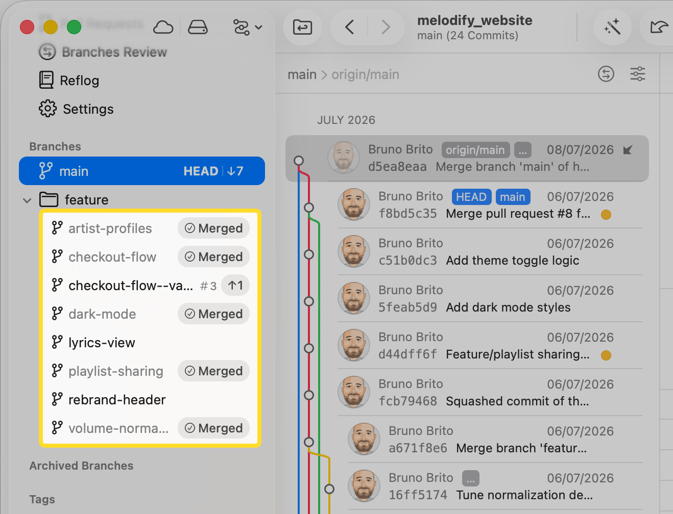 Tower 17 for Mac – A squash-merged branch receives its "Fully Merged" badge thanks to pull request detection