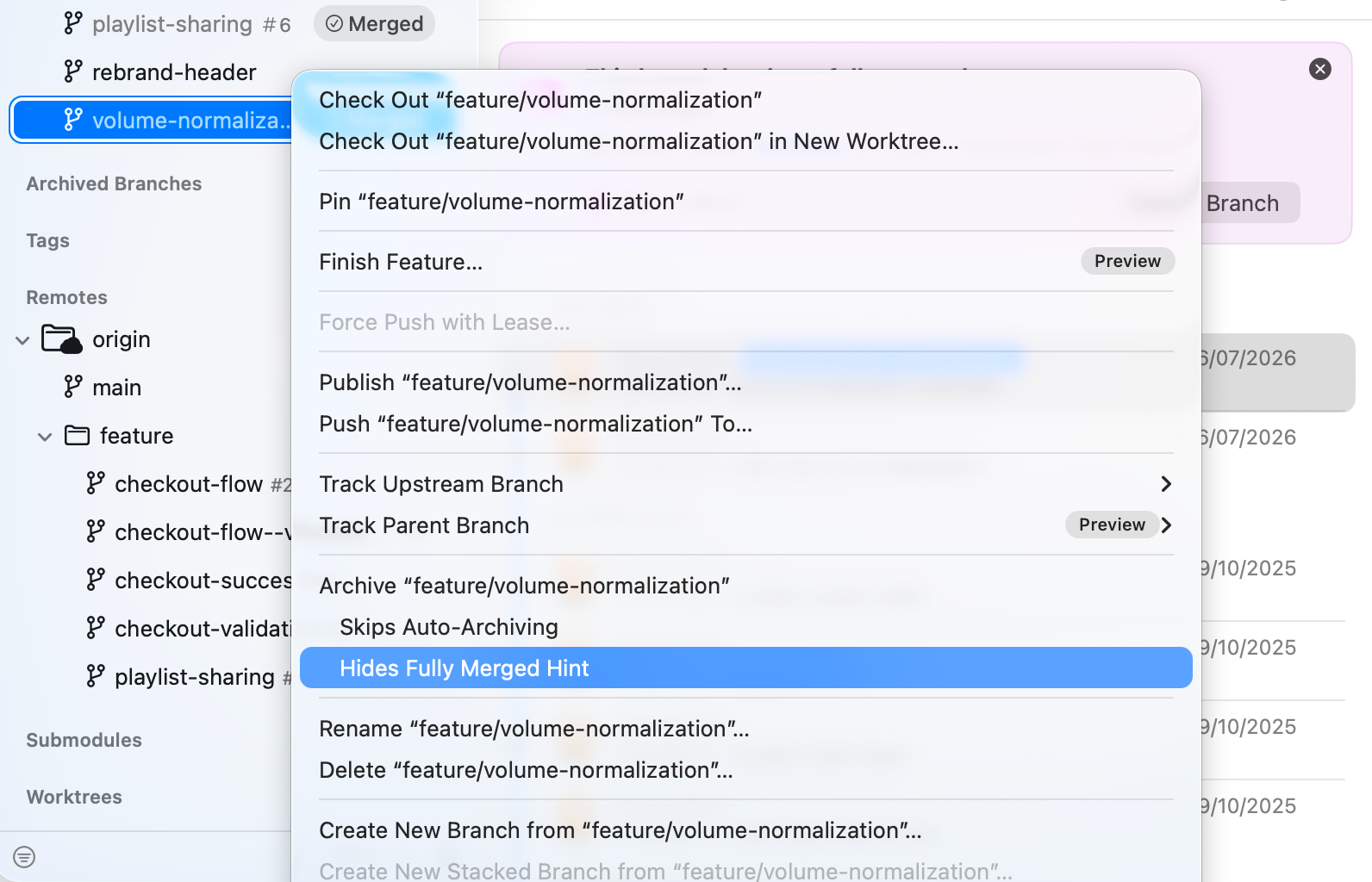 Tower 17 for Mac – "Hides Fully Merged Hint" option in the branch context menu