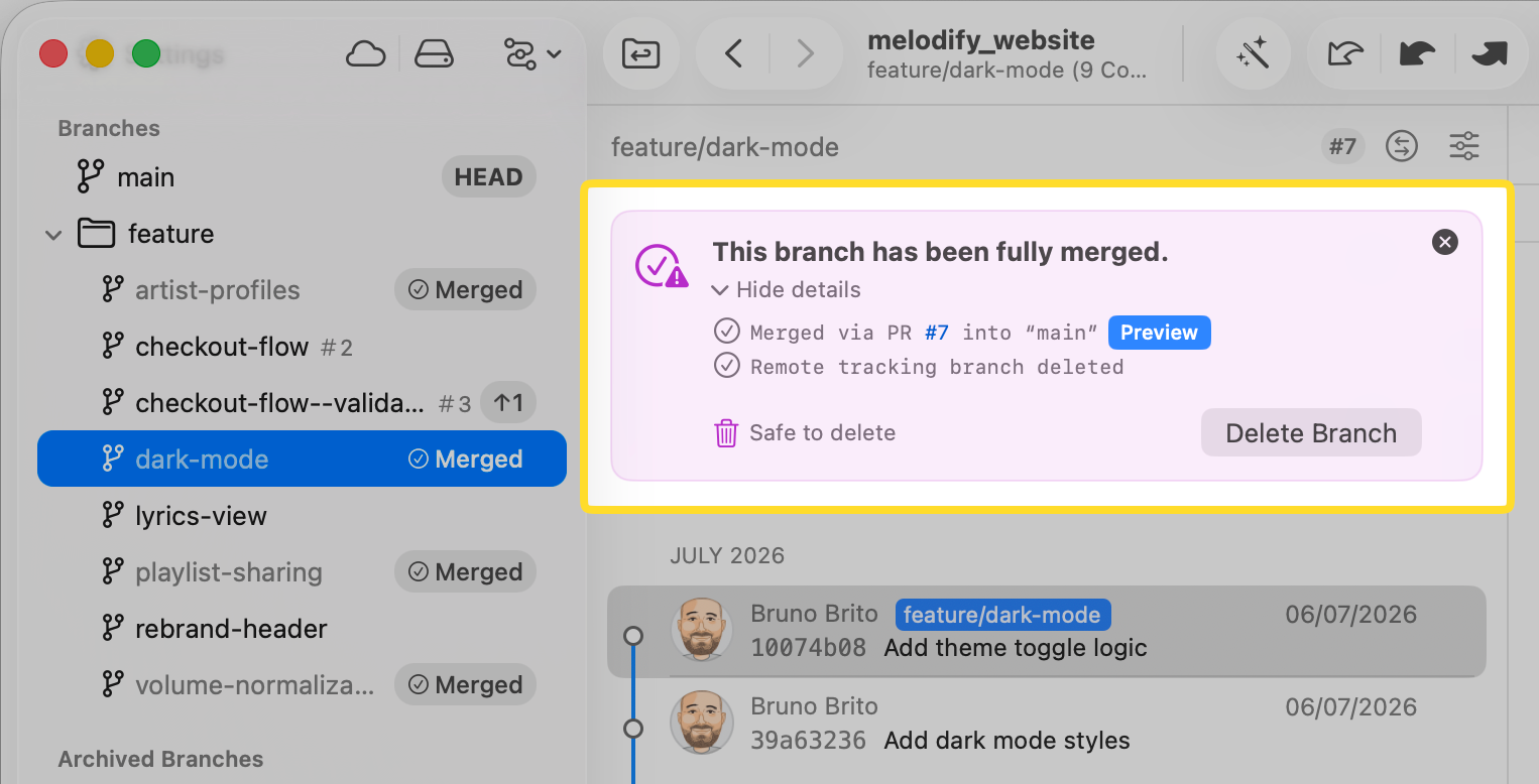 Tower 17 for Mac – A rebase-merged branch detected via two independent checks