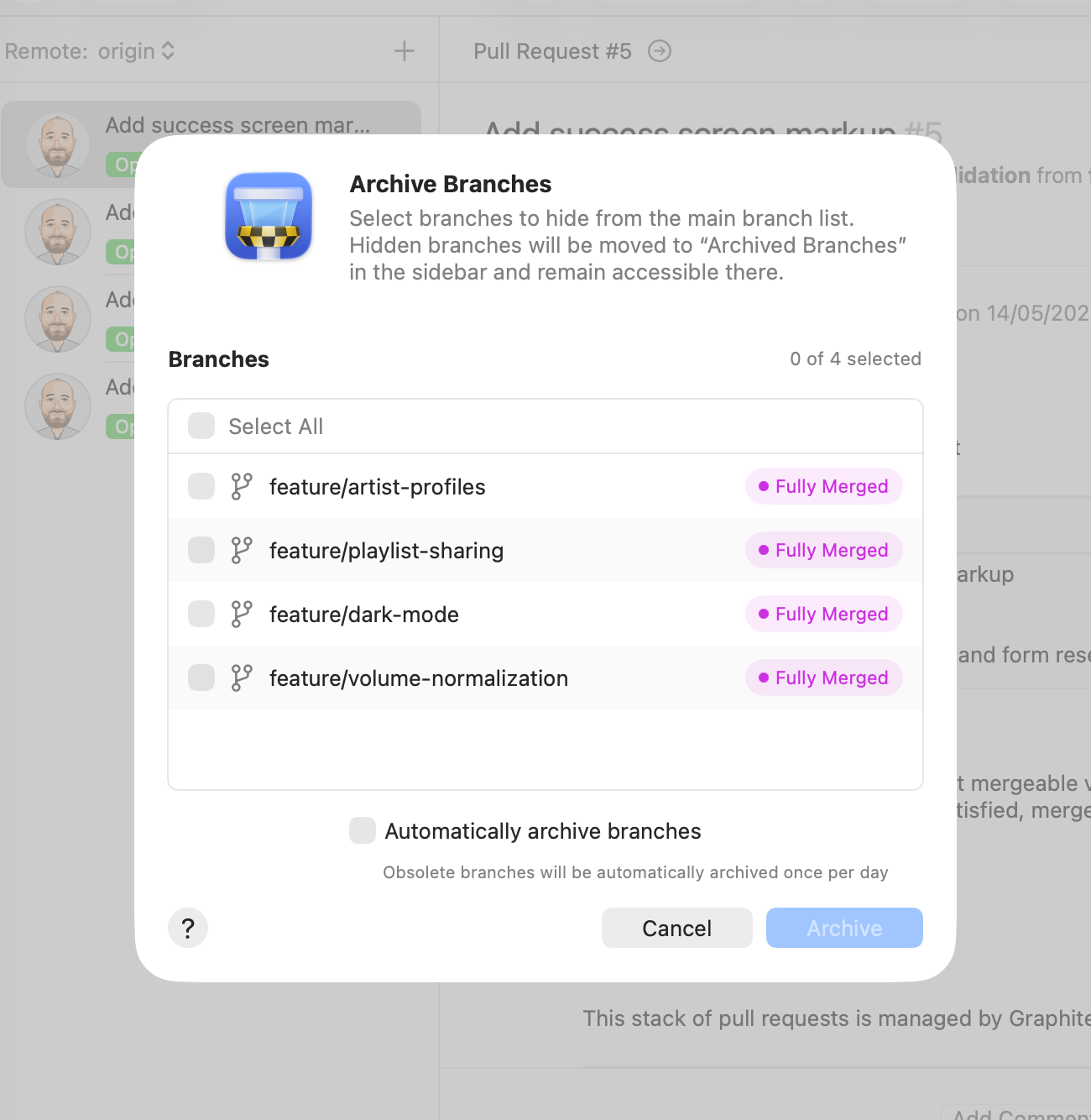 Tower 17 for Mac – The "Archive Branches" dialog listing fully merged branches