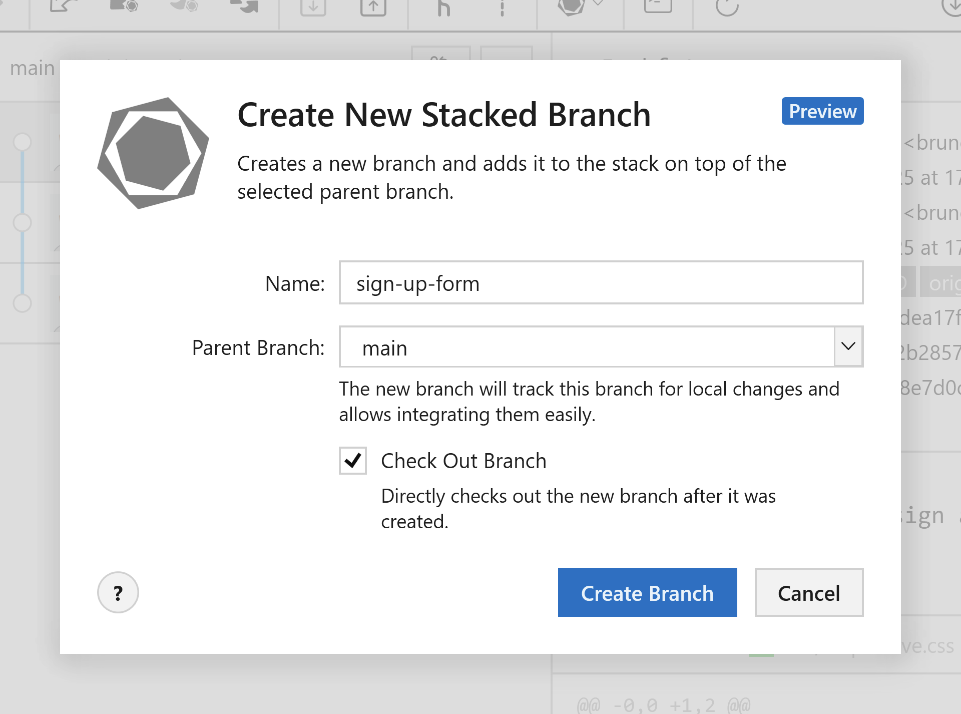 Tower 10 — Create New Stacked Branch Dialog