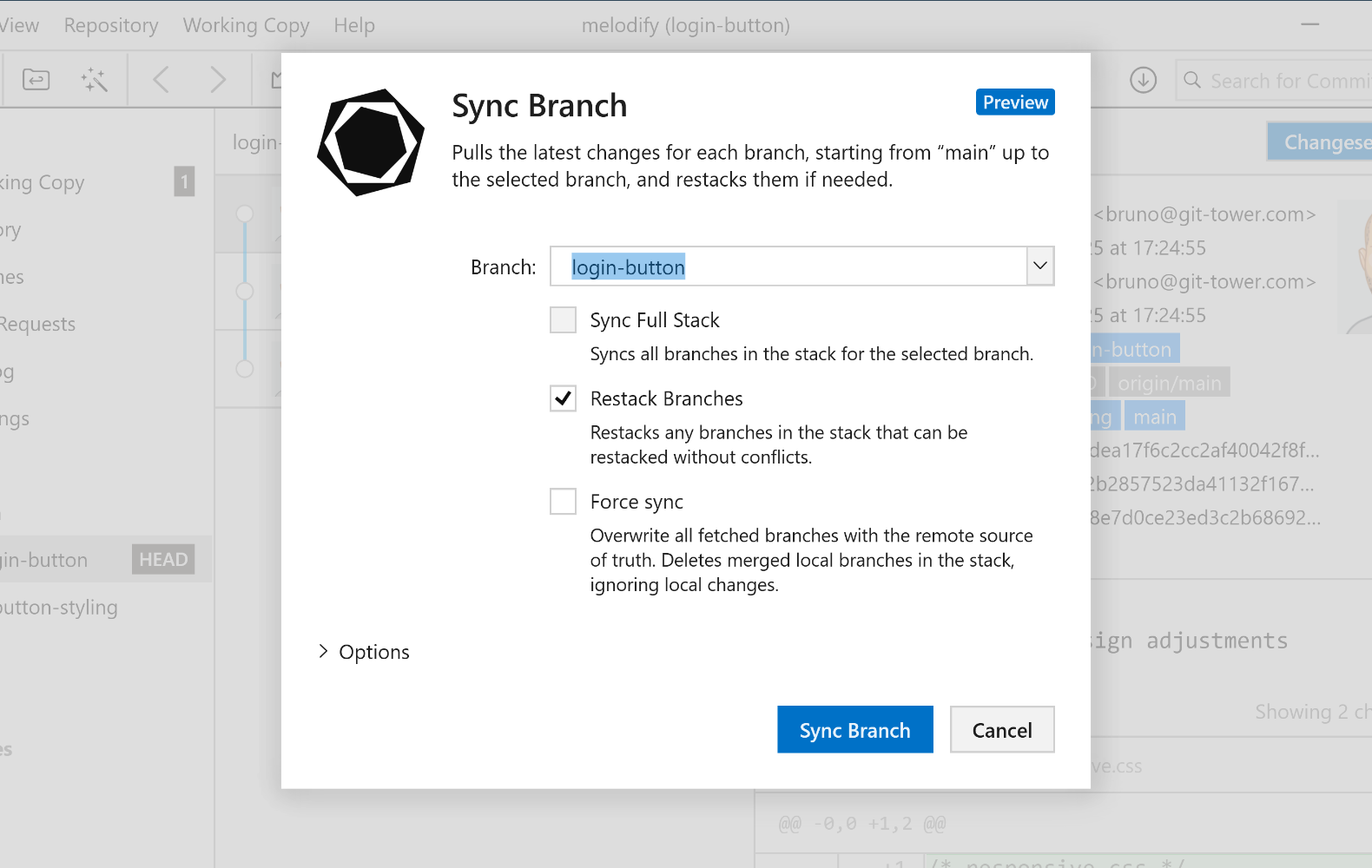 Tower 10 — Sync Branch Dialog
