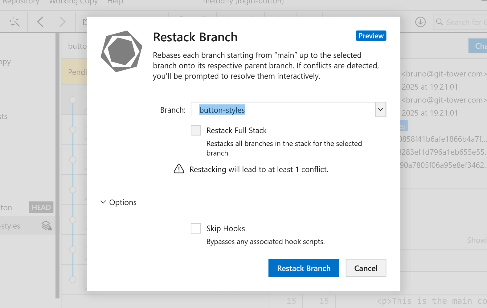 Tower 10 — Restack Branch Dialog