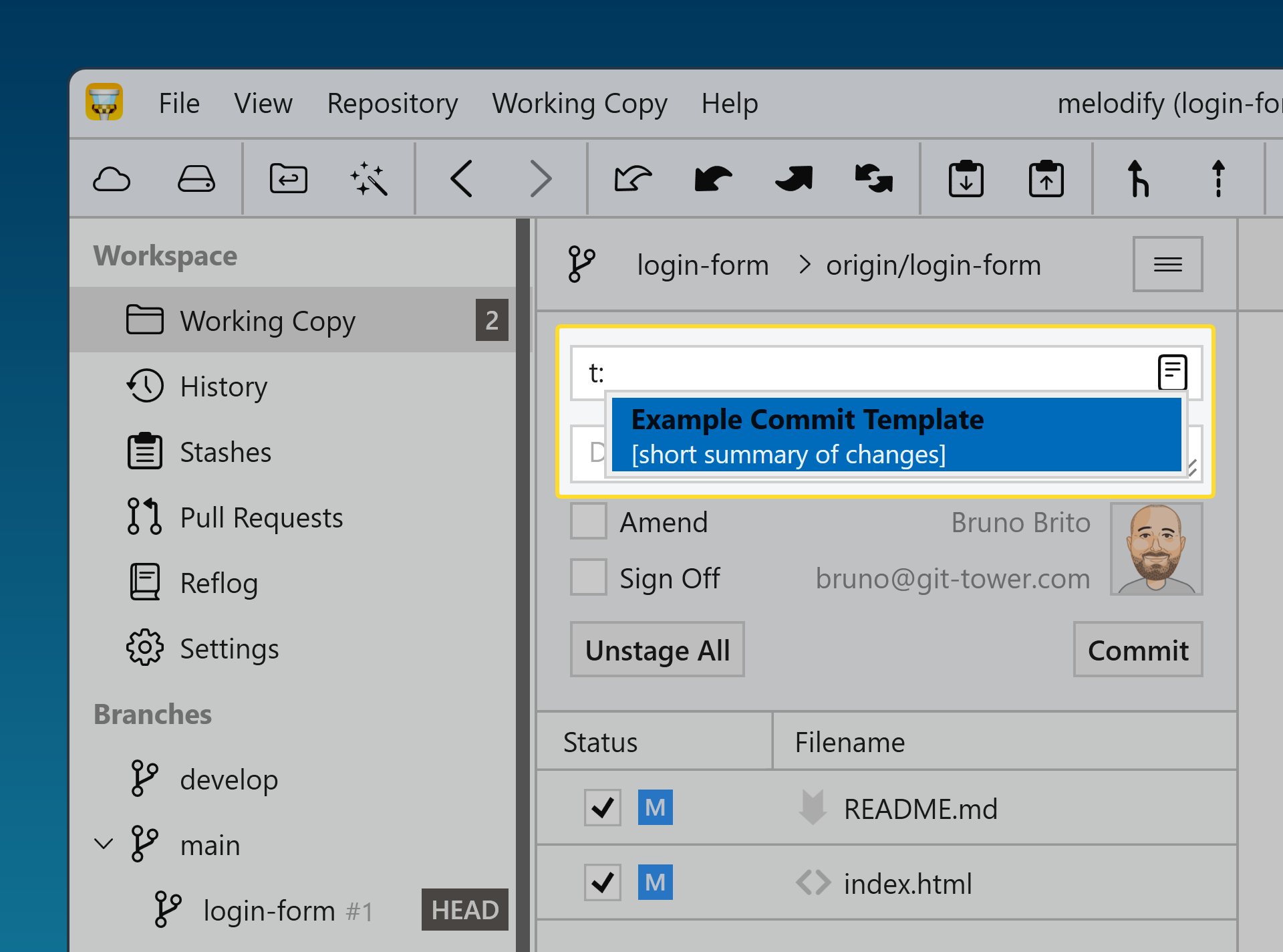 Tower 11 for Windows – Insert a Commit Template using the keyboard.
