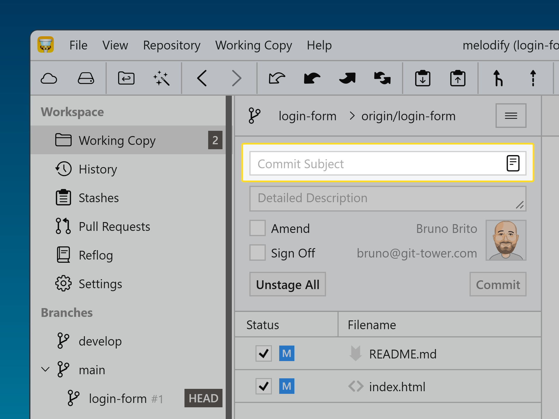 Tower 11 for Windows — Commit Template button