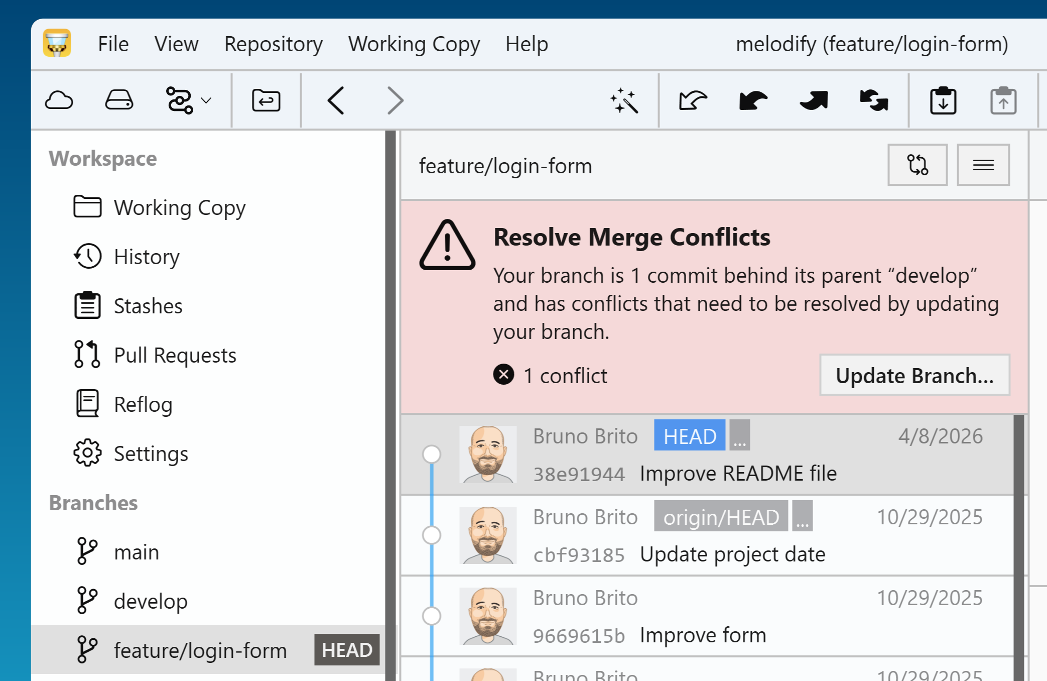 Tower 12 for Windows β "Update Branch with Merge Conflicts" notification
