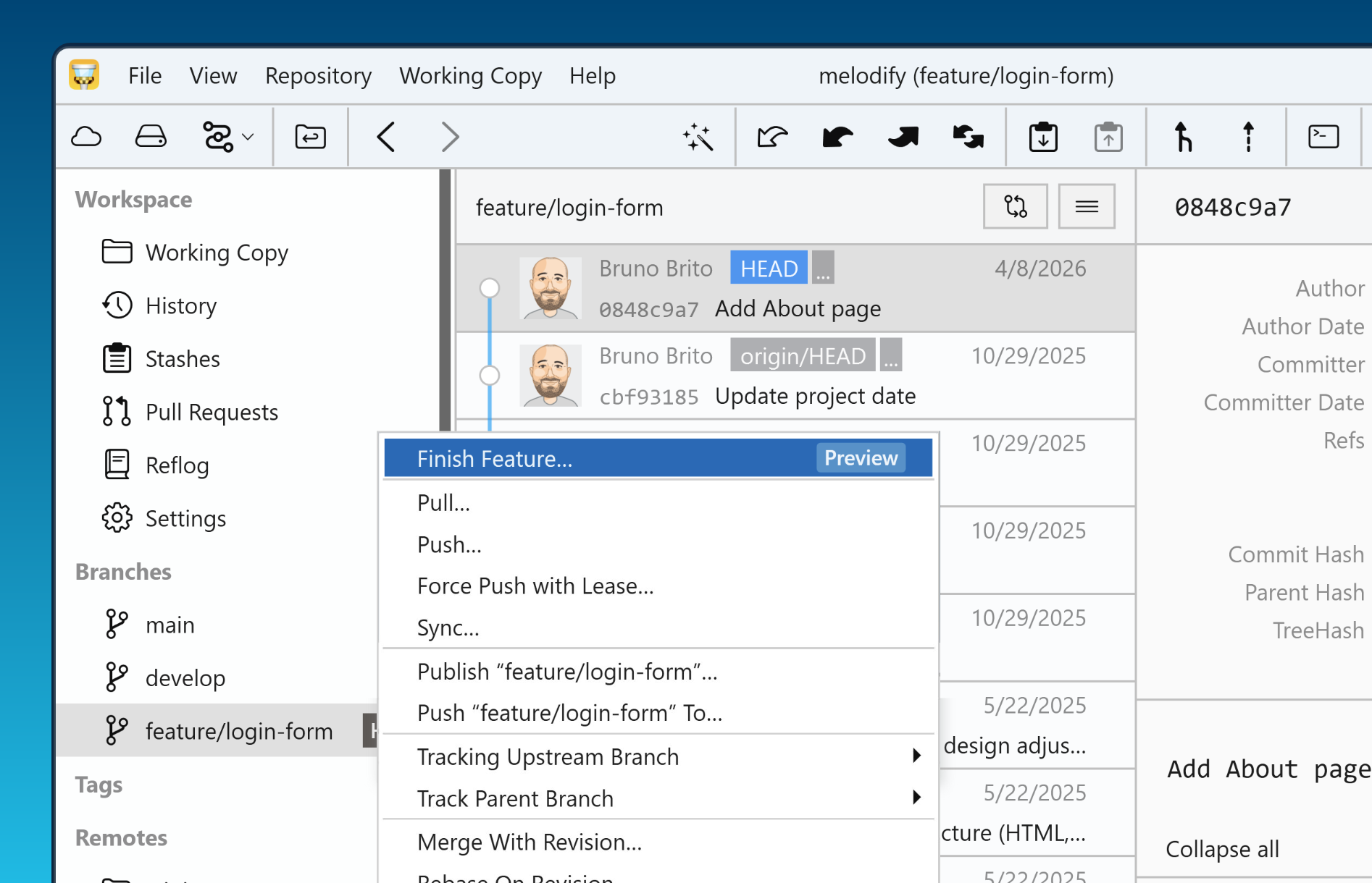 Tower 12 for Windows – "Finish Feature" in the Context Menu