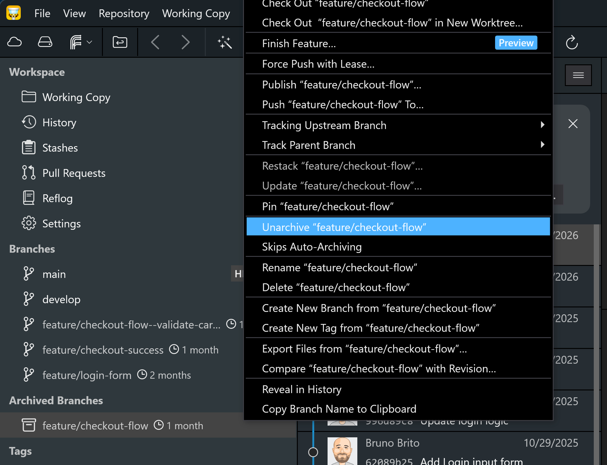 Tower 13 for Windows – "Unarchive Branch" option