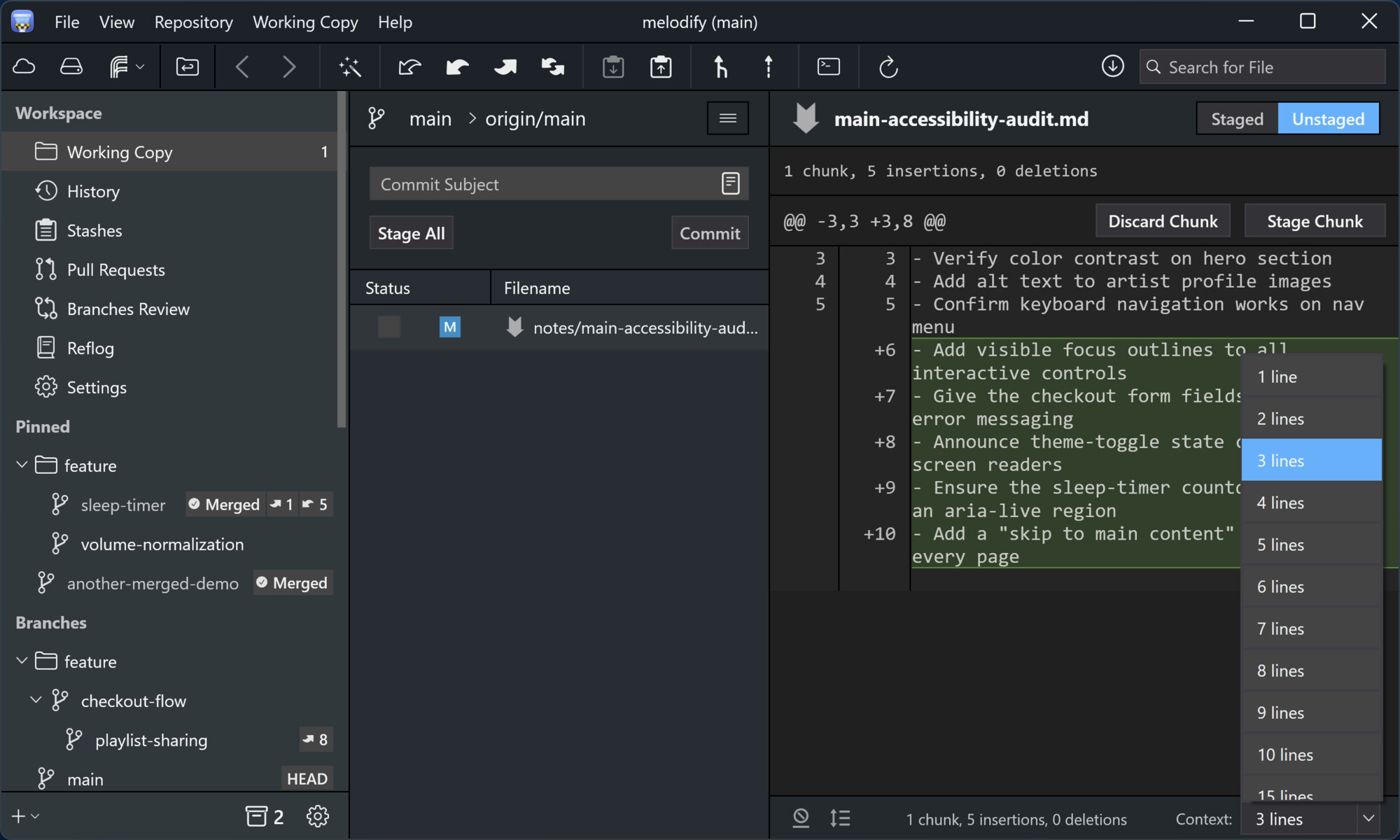 Tower 14 for Windows – The "Context" dropdown and the whitespace and complete-file toggles in the diff footer