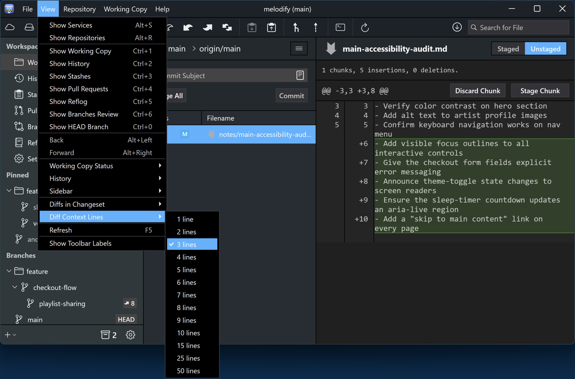 Tower 14 for Windows – The "Diff Context Lines" submenu in the "View" menu