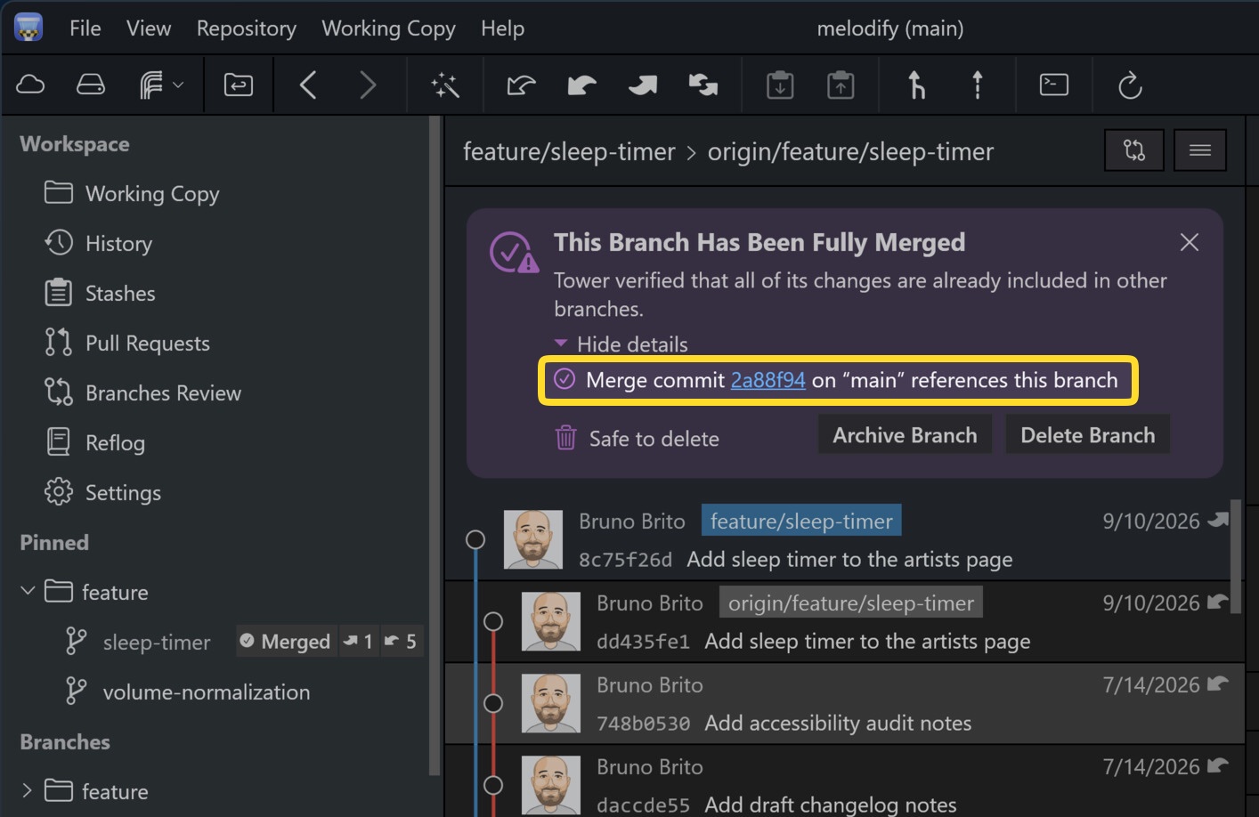 Tower 14 for Windows – The "Fully Merged" hint links to the merge commit that references the branch