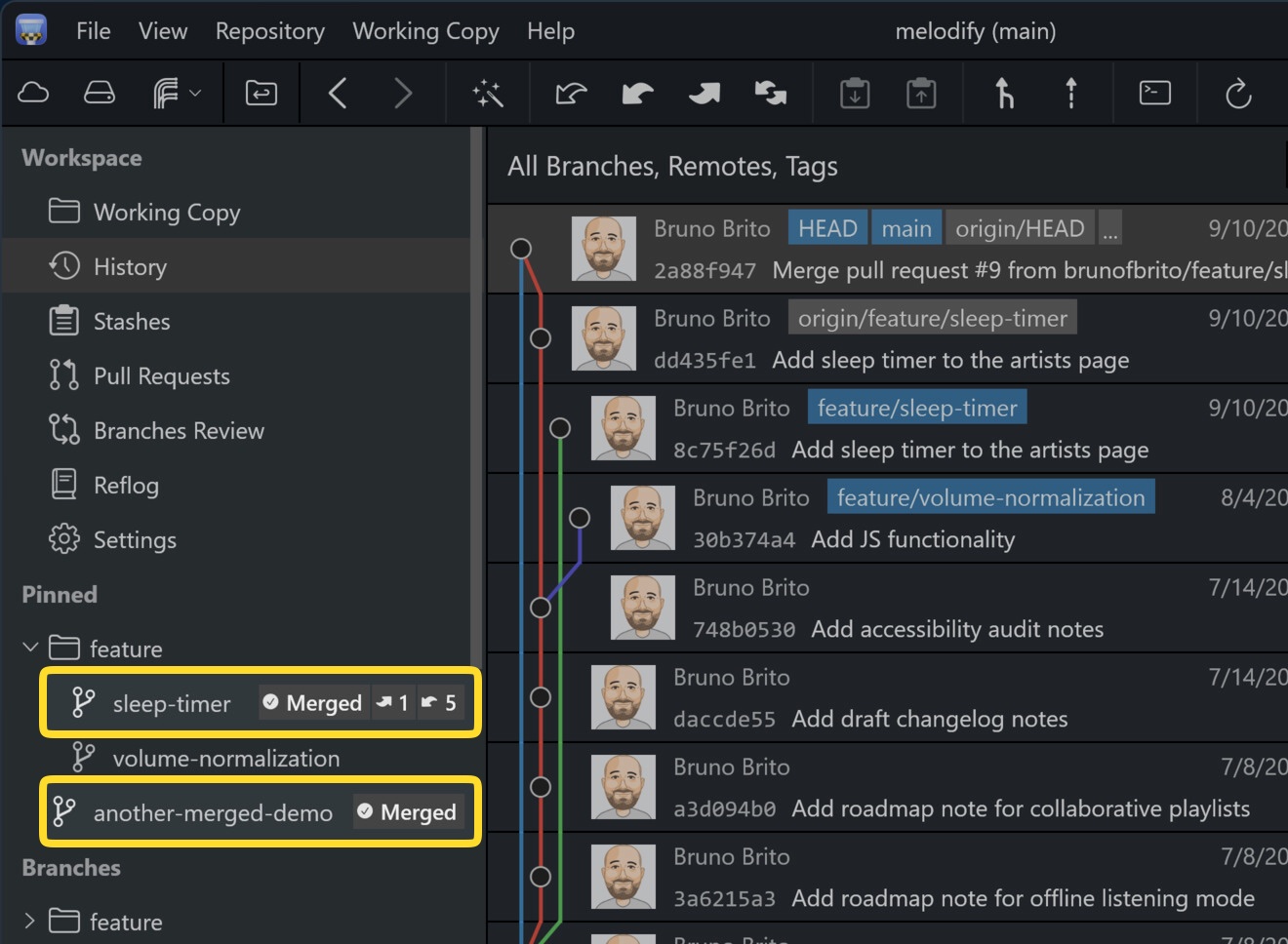 Tower 14 for Windows – "feature/sleep-timer" and "another-merged-demo" both carry the "Merged" badge in the sidebar