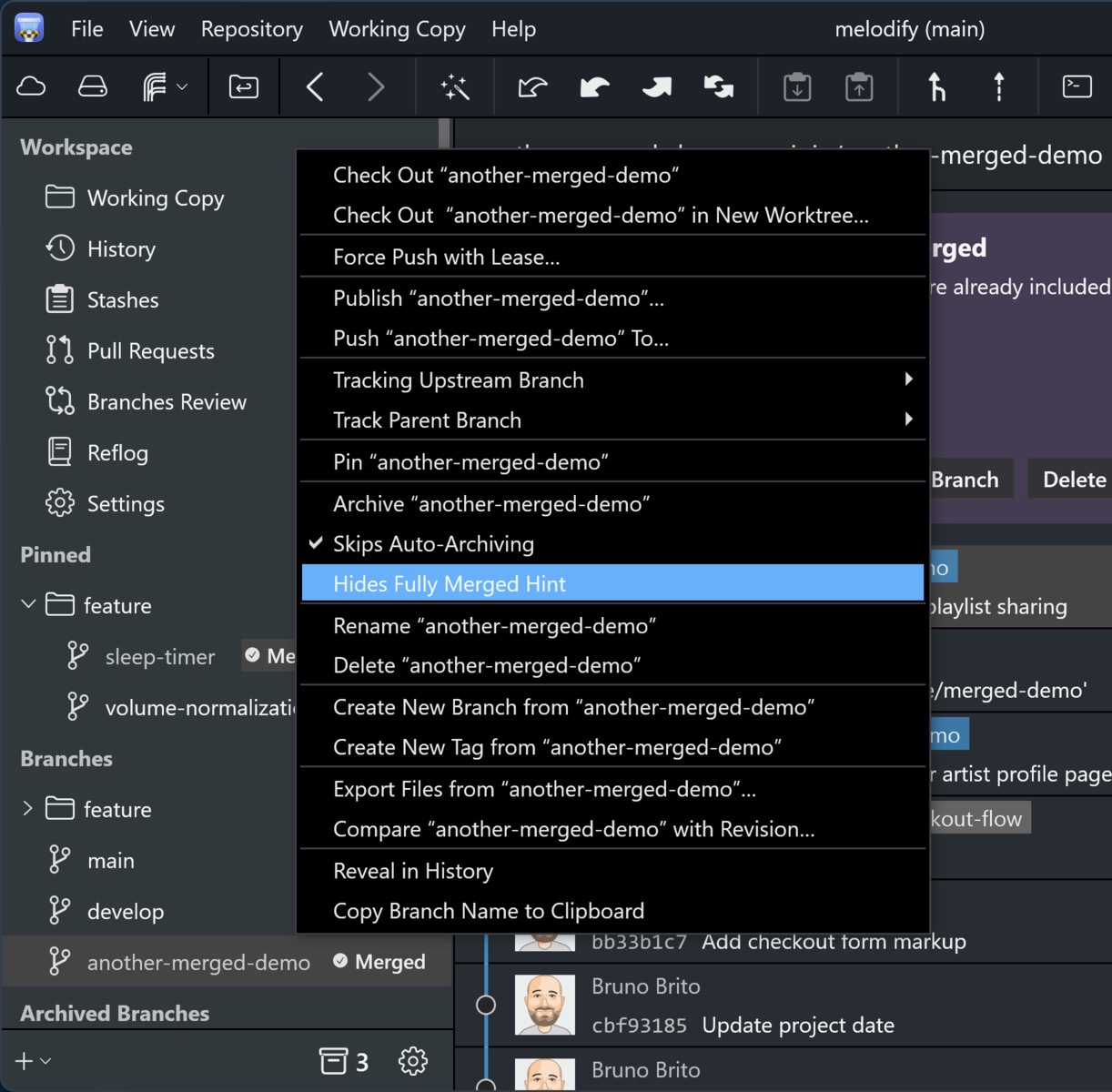Tower 14 for Windows – "Hides Fully Merged Hint" option in the branch context menu