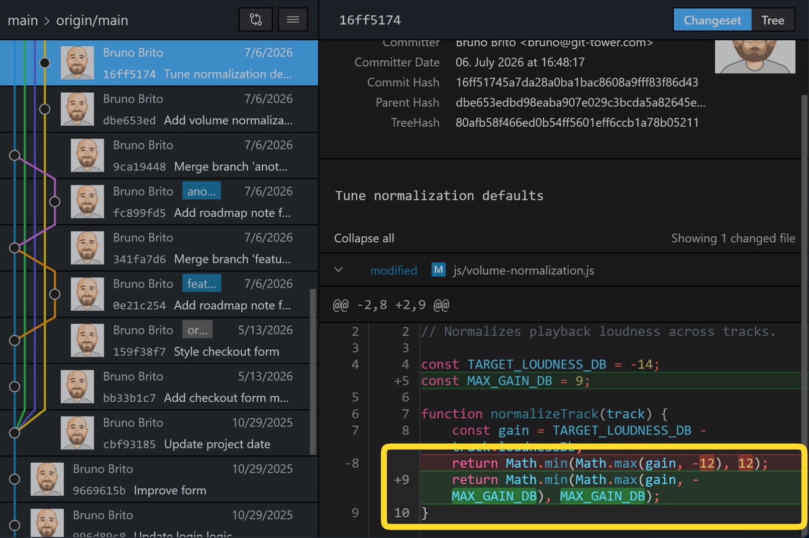 Tower 15 for Windows – Changed words highlighted inside modified lines