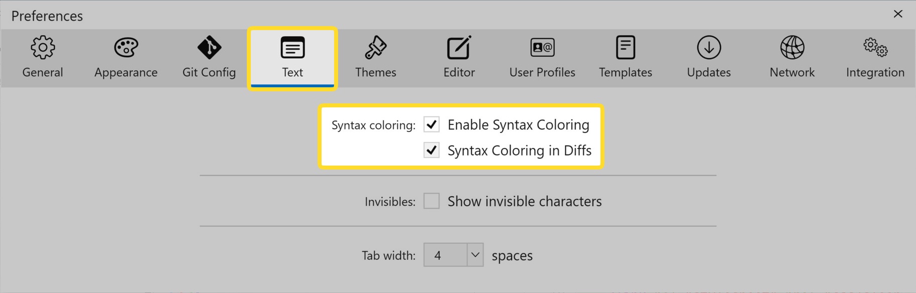 Tower 15 for Windows – Enabling syntax coloring in the "Text" preferences